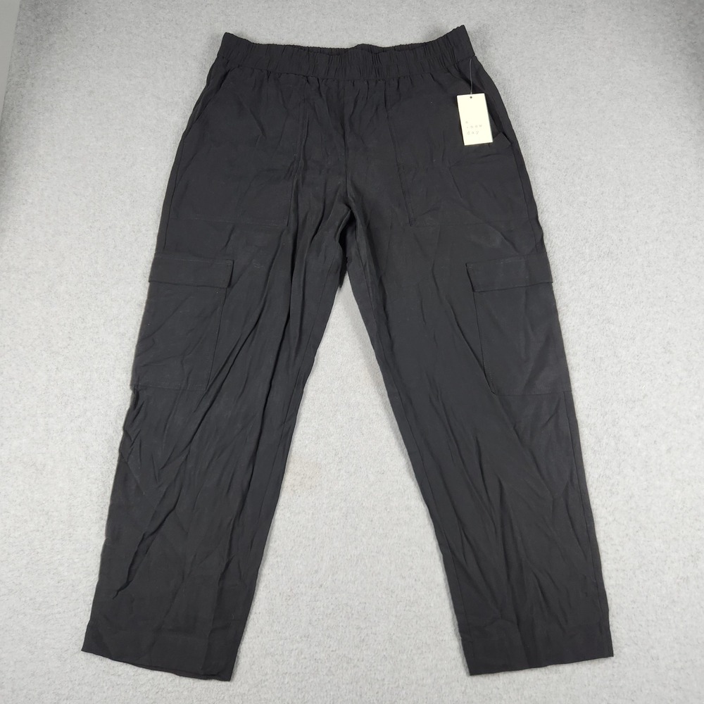 A New Day Ankle Cargo Pants Women Large Black Elastic Waist Utility Straight Leg